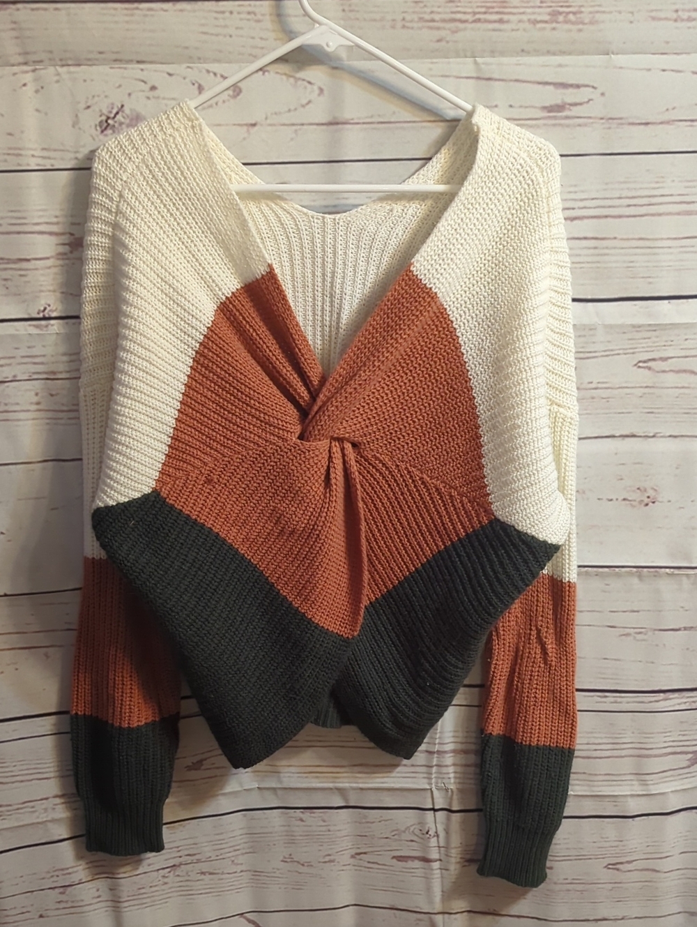 No Boundaries Twist-Front Colorblock Sweater in Cream, Rust & Hunter Green